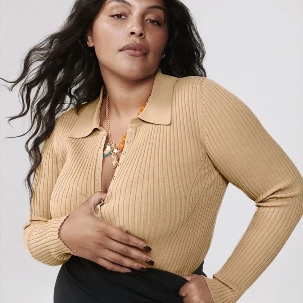 ZARA Ribbed Knit Polo Camel Size Small - Picture 3 of 12